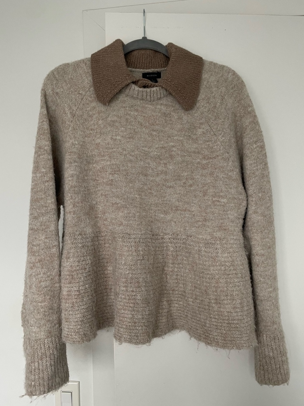 Halogen Cream Knit Peplum Sweater with Bell Sleeves and Collar